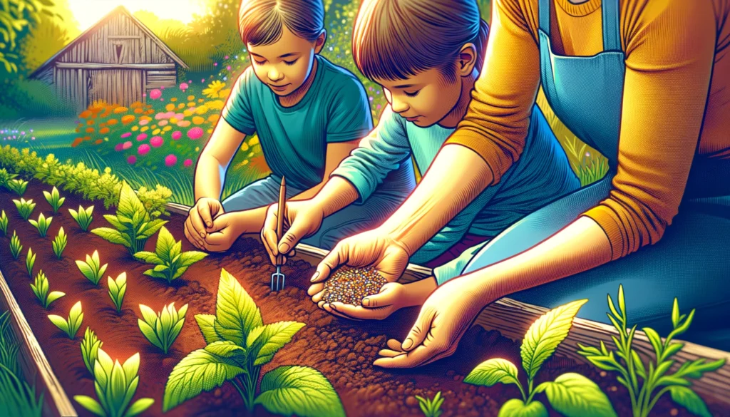 Agriculture Mom -- A vivid and detailed wide closeup illustration of a mother teaching her children about agriculture on a farm. The focus is on the mother sho4