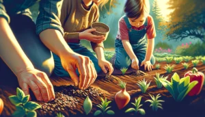 Agriculture Mom -- A vivid and detailed wide closeup illustration of a mother teaching her children about agriculture on a farm. The focus is on the mother sho4