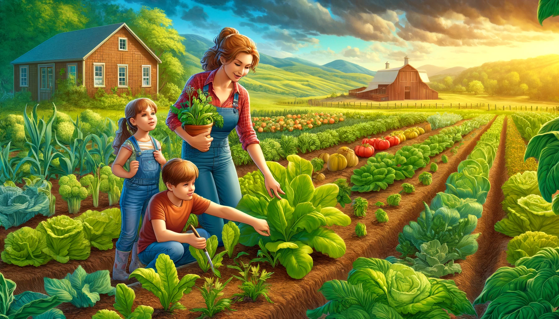 Agriculture Mom -- A vivid and detailed wide illustration of a mother teaching her children about agriculture on a farm. The scene shows a mother and her two c2