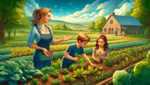 Agriculture Mom -- A vivid and detailed wide illustration of a mother teaching her children about agriculture on a farm. The scene shows a mother and her two c2